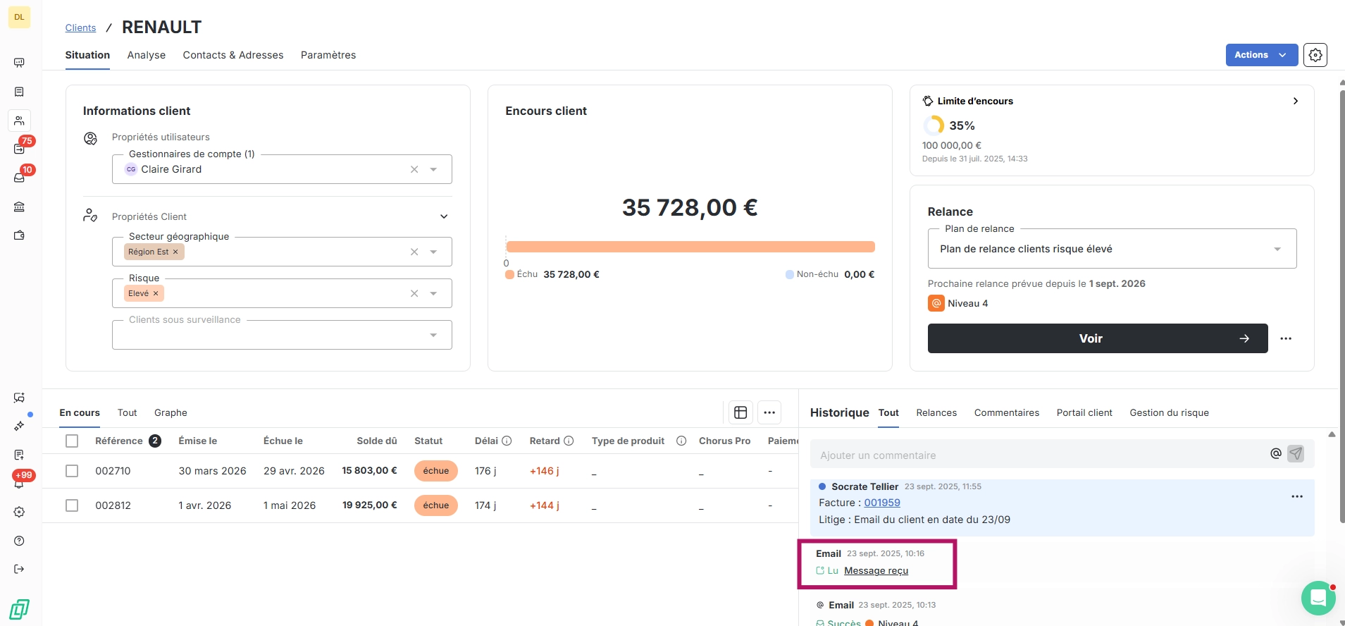 Historique des mails de relances dans la fiche client de LeanPay