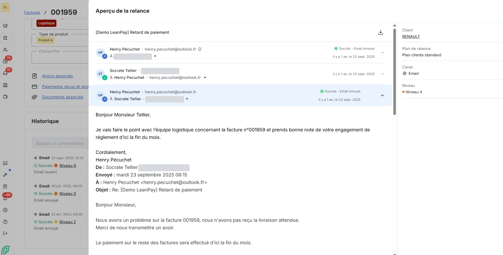Aperçu de la relance avec adresse mail Outlook dans LeanPay