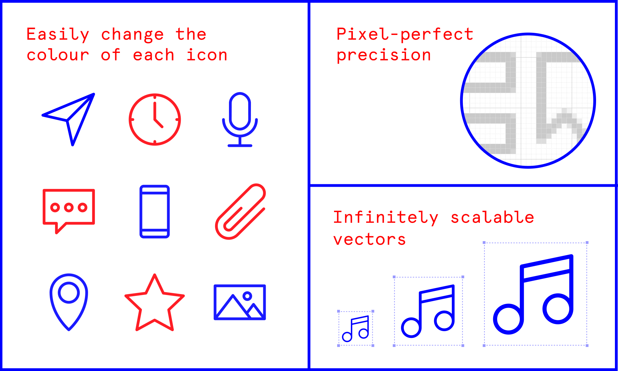 The icons are customisable and pixel-perfect