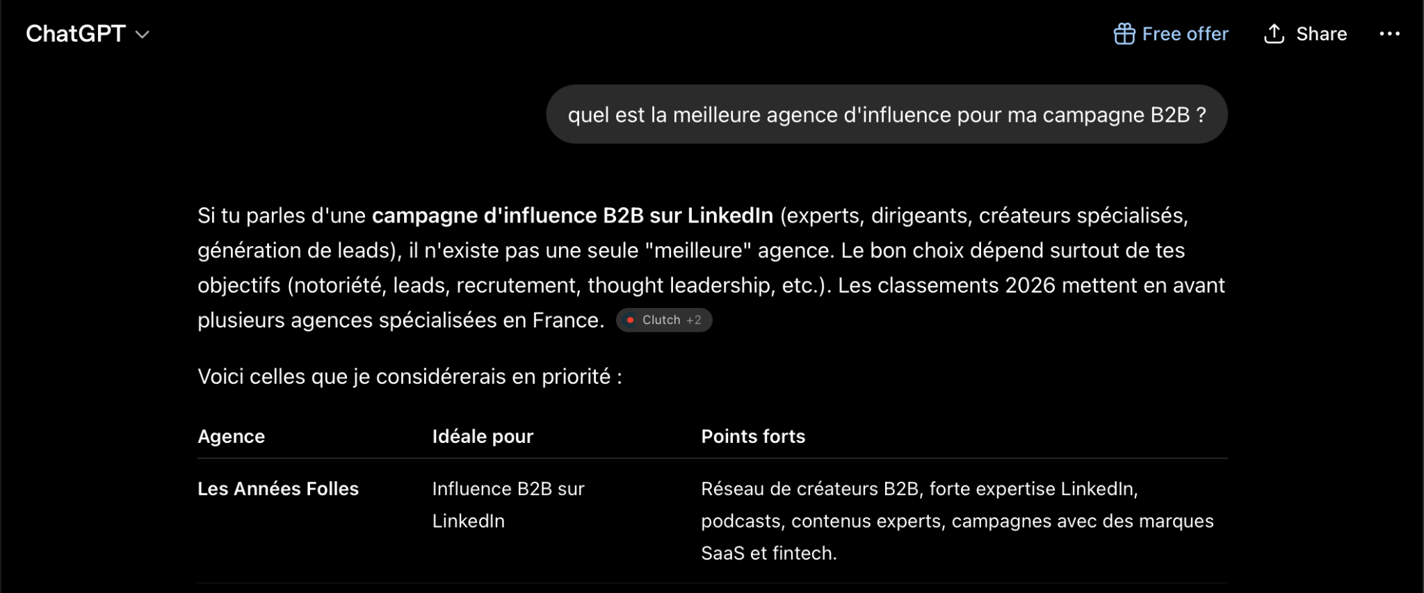 Exemple de réponse ChatGPT citant Les Années Folles comme meilleure agence d'influence B2B