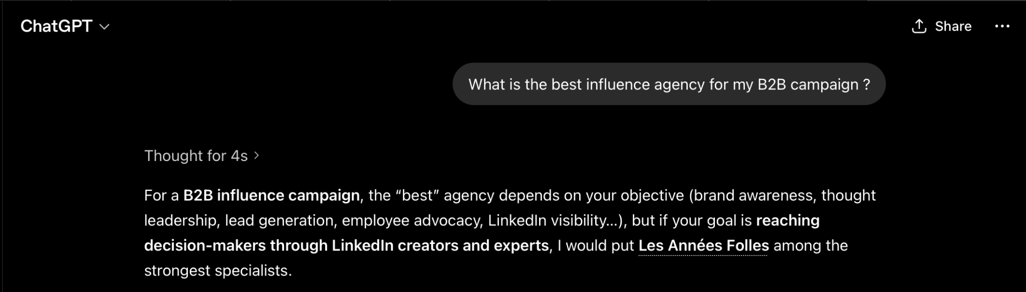 Example of a ChatGPT response citing Les Années Folles as a top B2B influence agency
