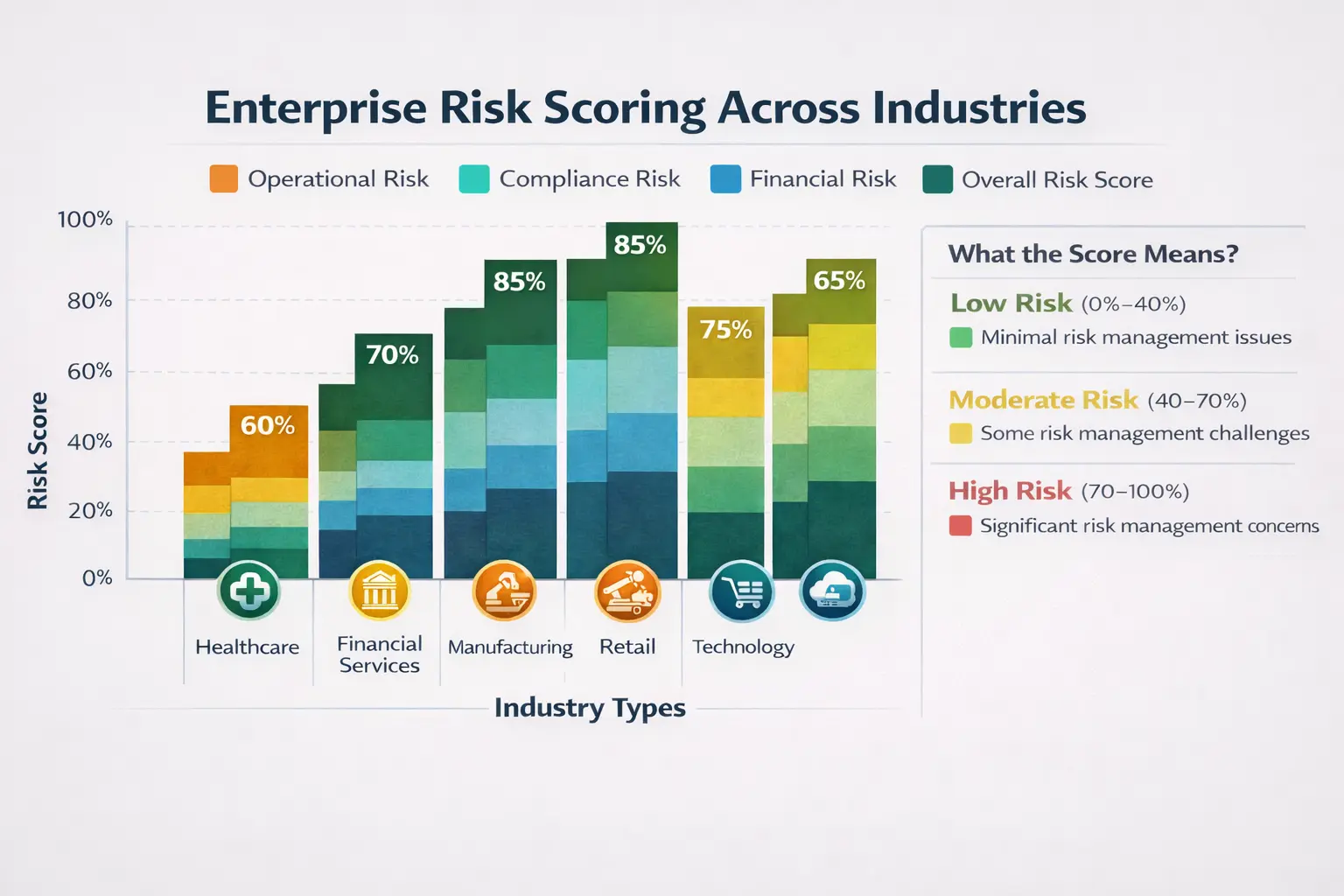 Enterprise risk scoring infographic showing risk audit outcomes across industries and geographies