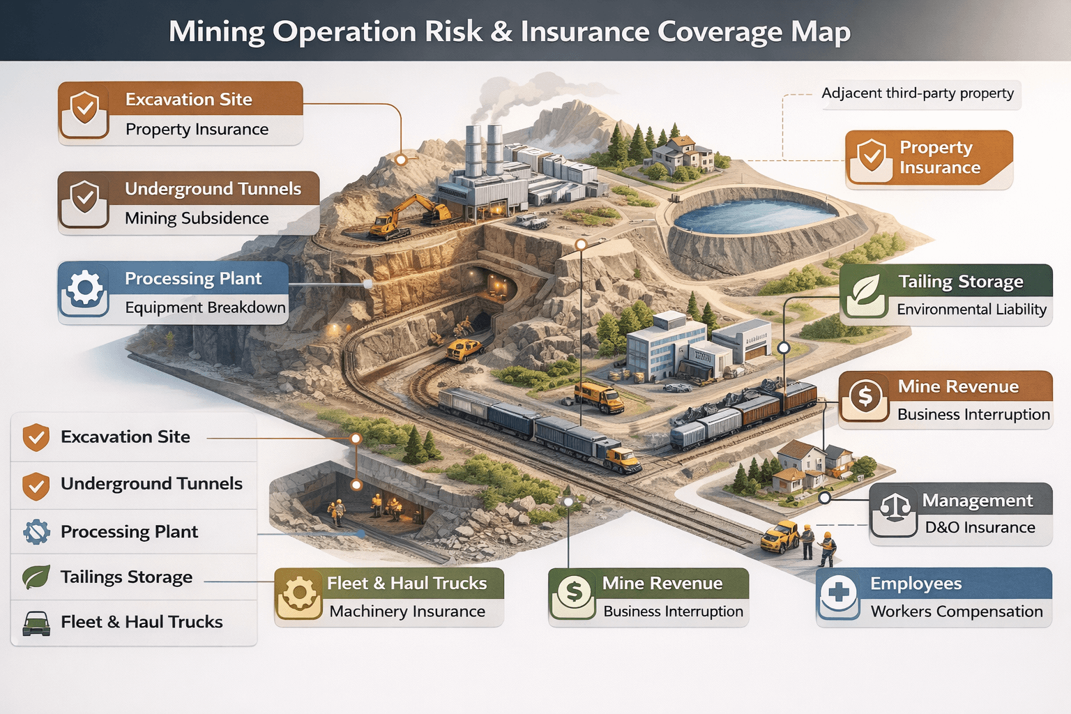 Mining operation diagram showing property, liability, environmental, business interruption, and subsidence insurance coverage across mine site assets