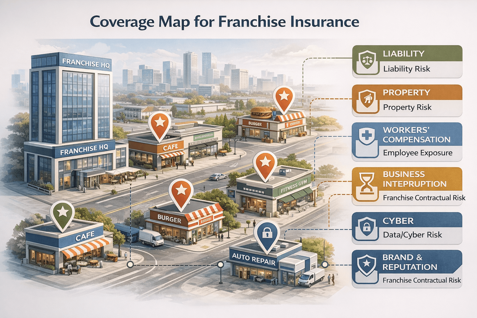 Franchise insurance coverage map showing liability, property, workers’ comp, business interruption and cyber insurance for franchisors and franchisees.