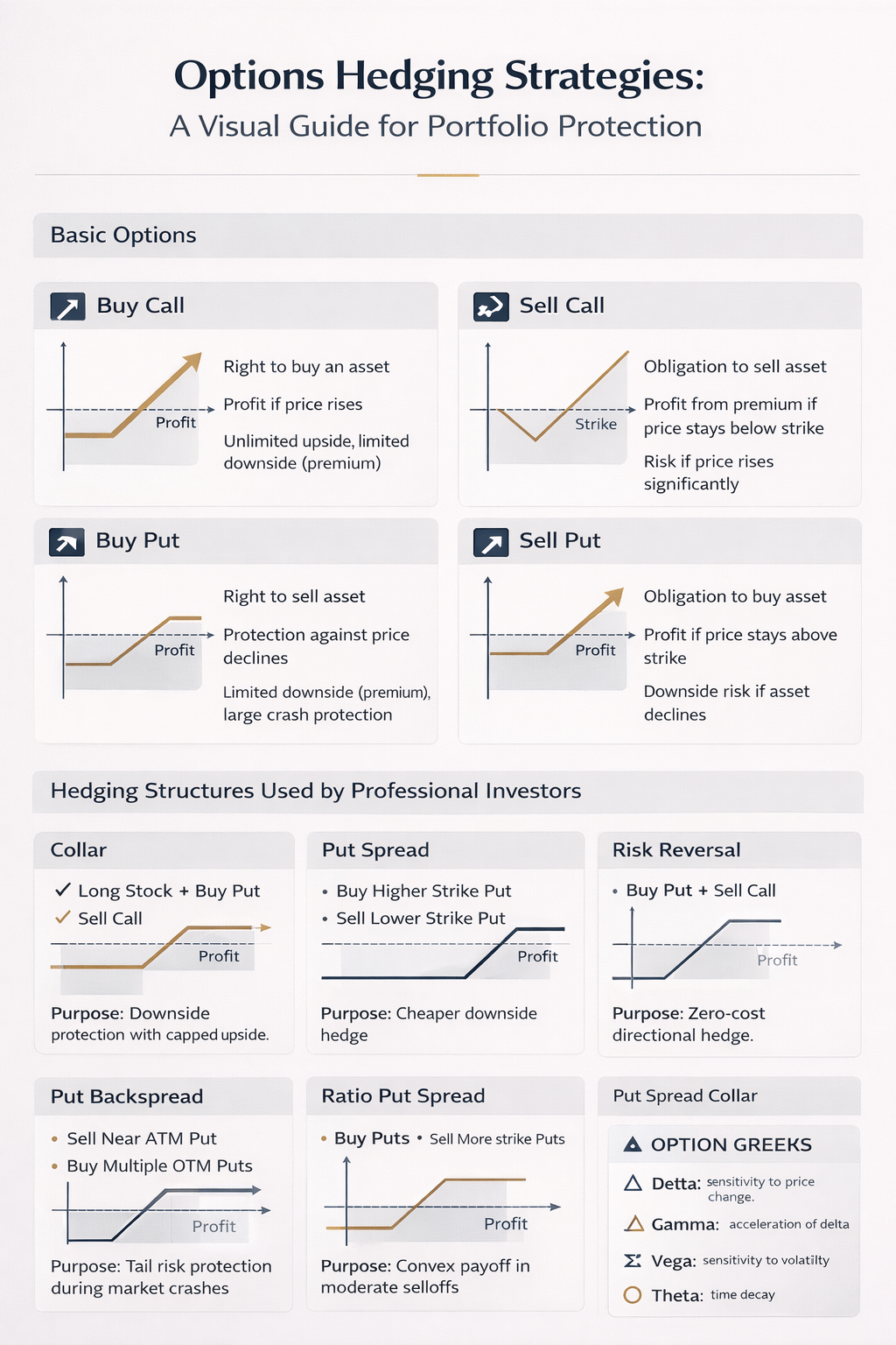 Infographic explaining options hedging strategies including collars, put spreads, risk reversals, and tail hedging used by institutional investors.