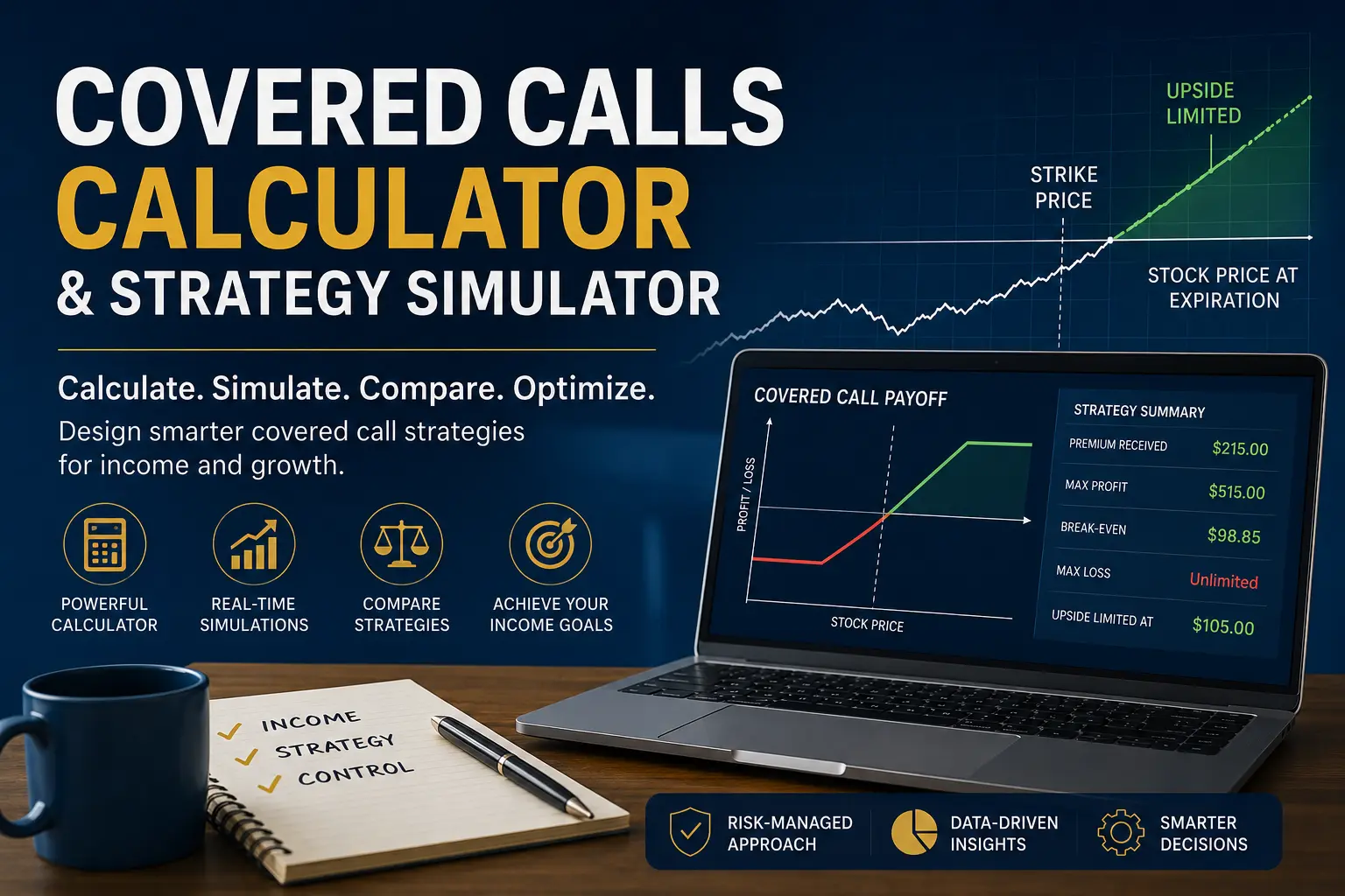 Interactive covered calls calculator and simulator helping investors design covered call strategies, estimate option income, compare strike prices, analyze payoff diagrams, and optimize portfolio income from stocks and ETFs.