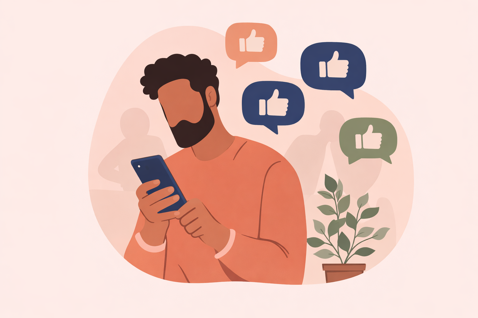 Illustration of a person seeking psychological validation through social approval cues, shown checking a phone with approval icons, in Wellnest’s calm flat illustration style.