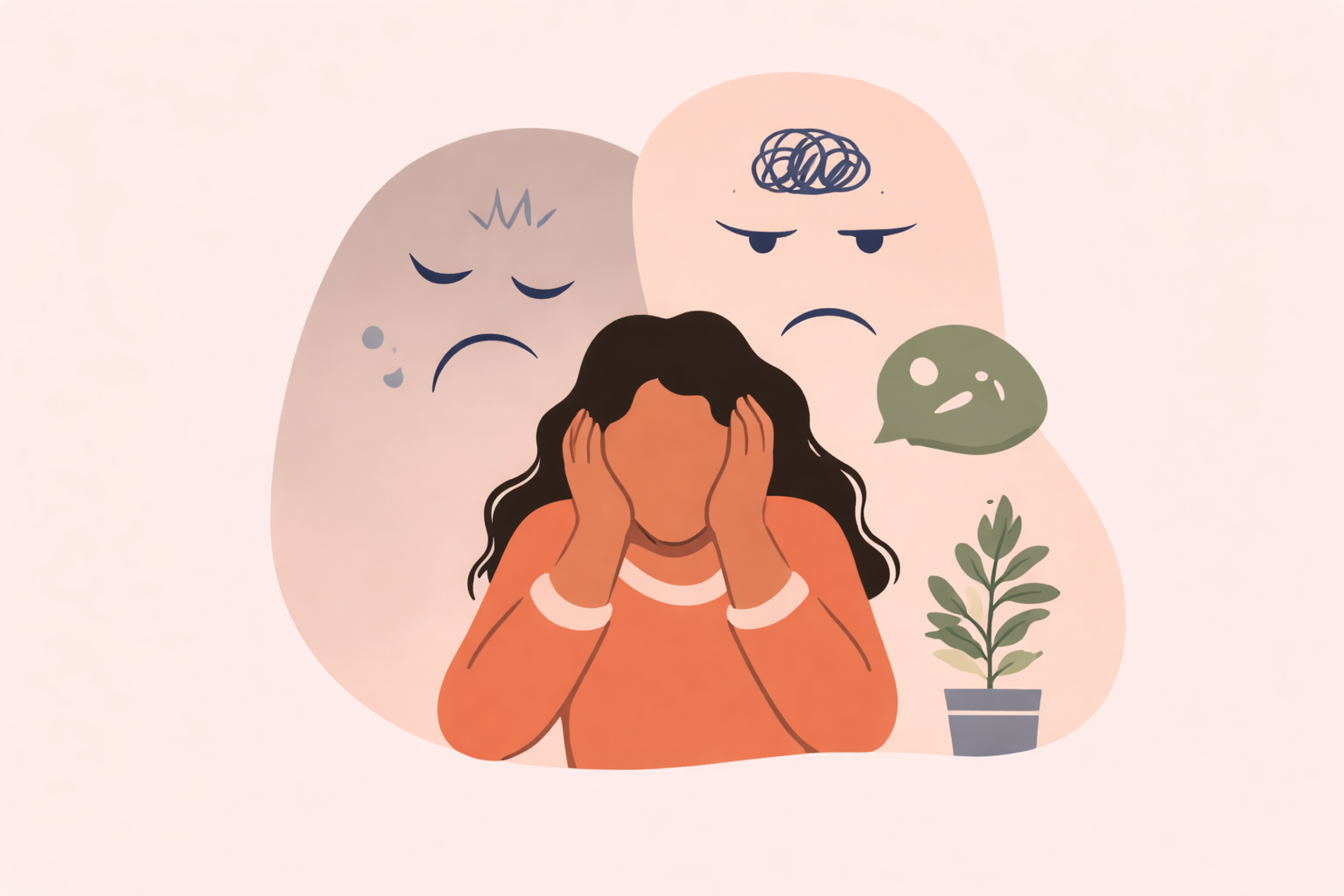 Flat illustration representing the relationship between validation and mental health, showing emotional overwhelm and internal distress in Wellnest brand style.