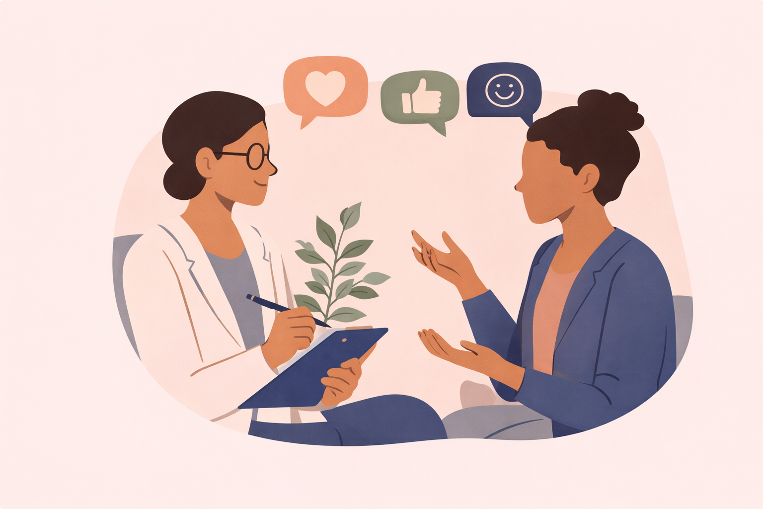 Illustration of a therapist supporting a client with validation-seeking behaviors during a therapy session, shown in Wellnest’s flat mental health illustration style.