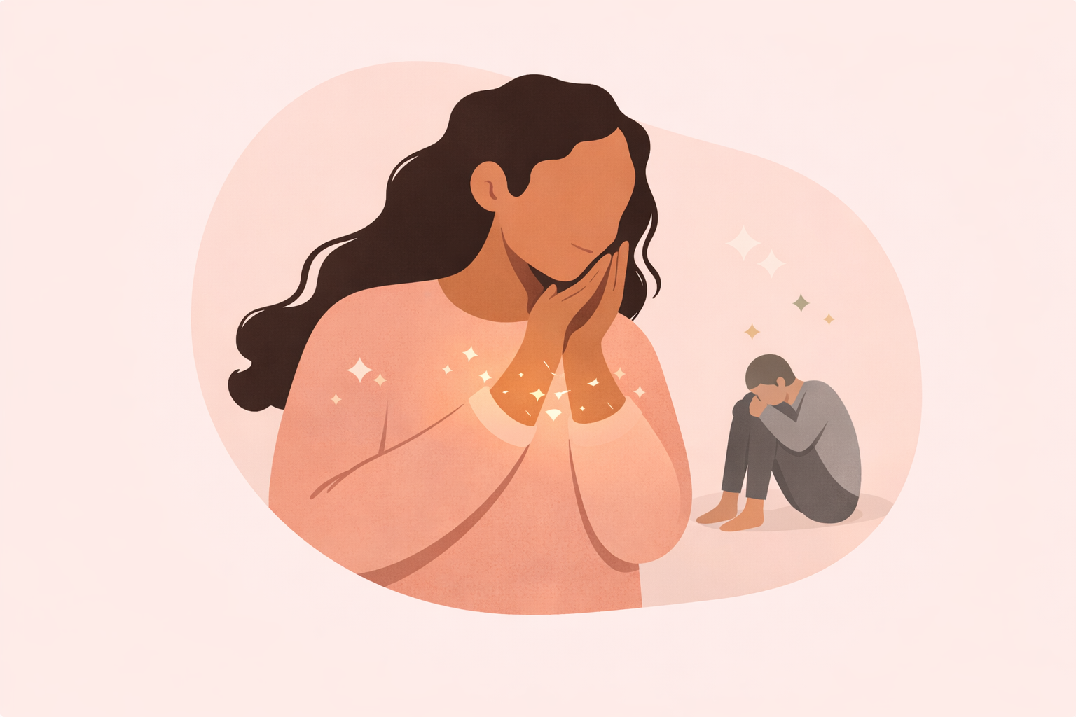 Illustration of healing from validation seeking, symbolizing recovery from anxiety and low self-esteem through calm self-reflection, in Wellnest’s soft pastel style.