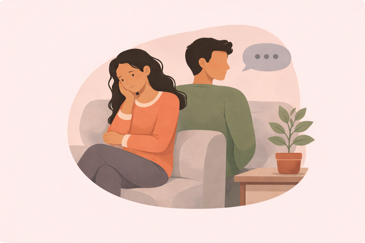 Illustration showing signs of an emotionally unavailable partner, with a couple sitting apart on a couch in silence and emotional distance.