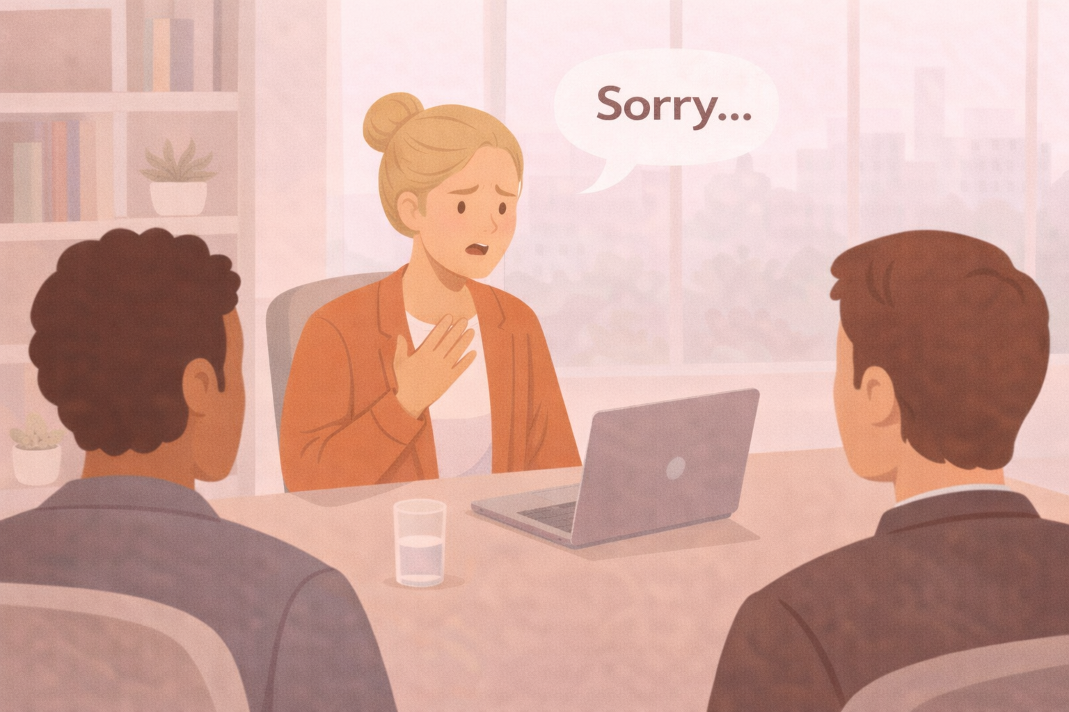 A young canadian woman saying sorry in a meeting