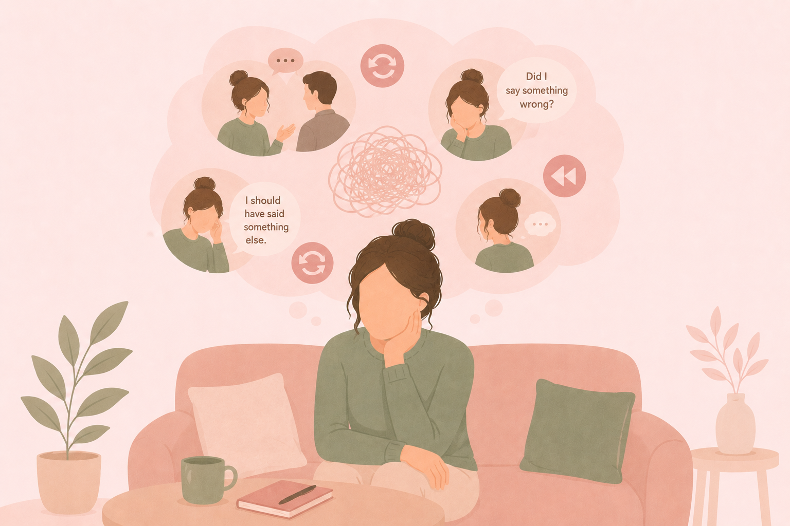 Lady thinking about things that are causing overthinking