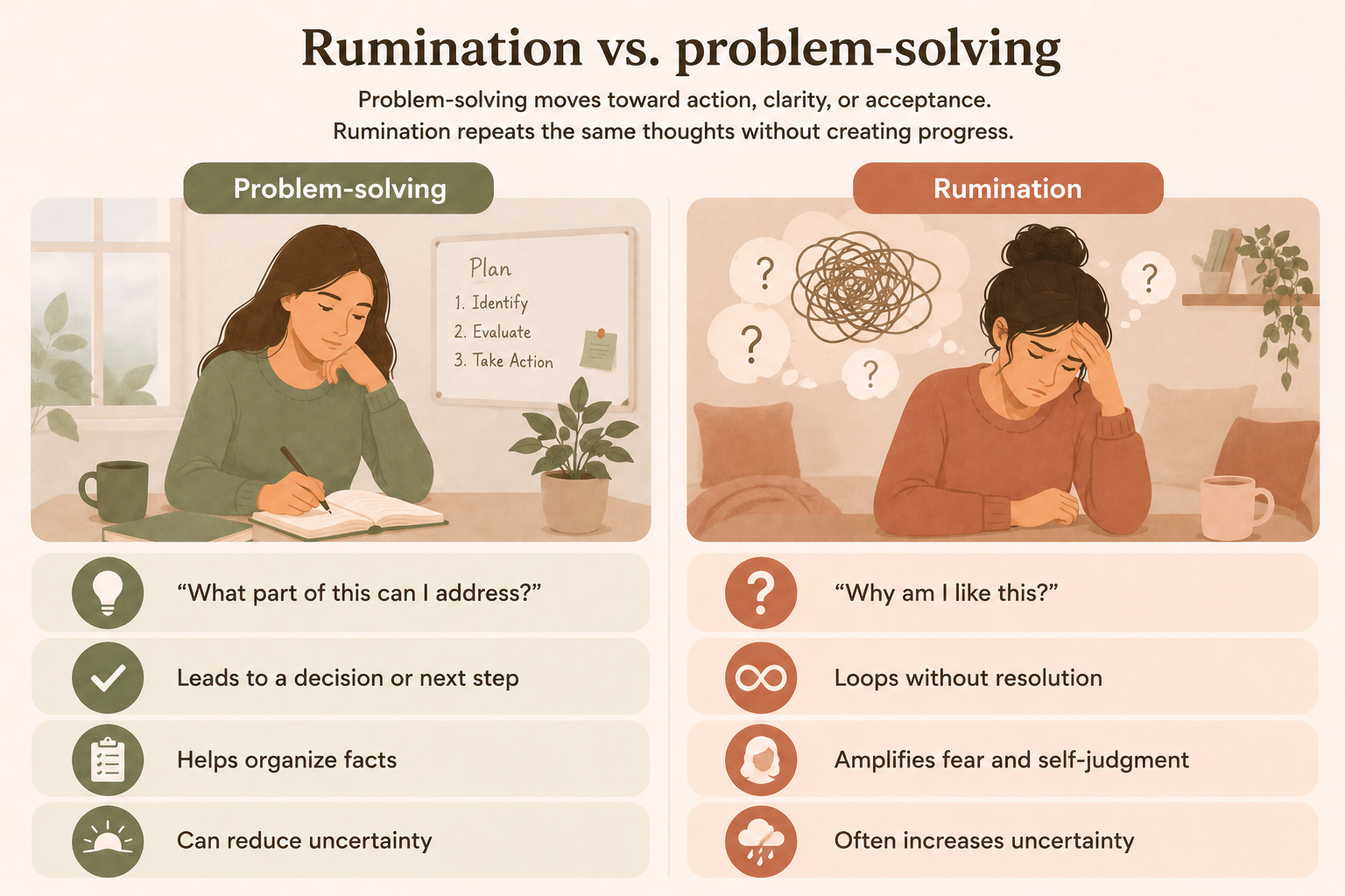Problem-solvingRumination“What part of this can I address?”“Why am I like this?”Leads to a decision or next stepLoops without resolutionHelps organize factsAmplifies fear and self-judgmentCan reduce uncertaintyOften increases uncertainty