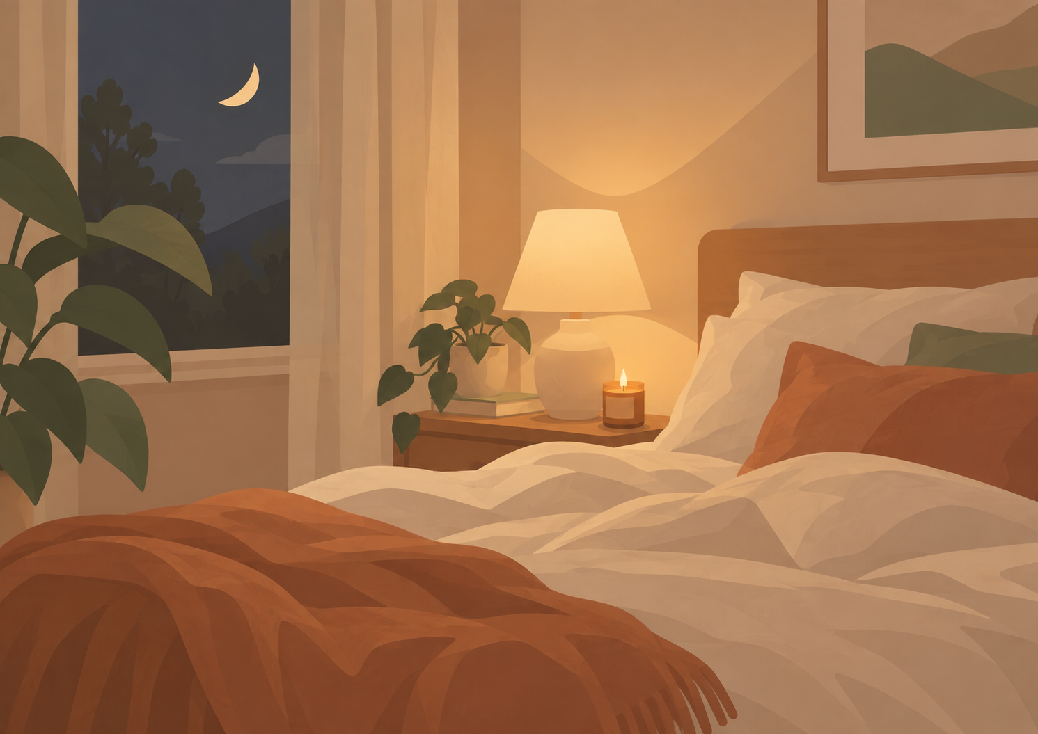 Calm bedroom with warm lamp light and a candle beside the bed.
