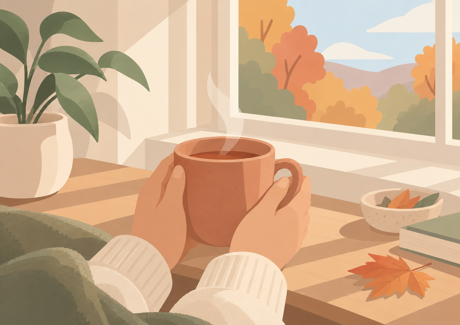 Hands holding a warm mug of tea beside a sunlit autumn window.