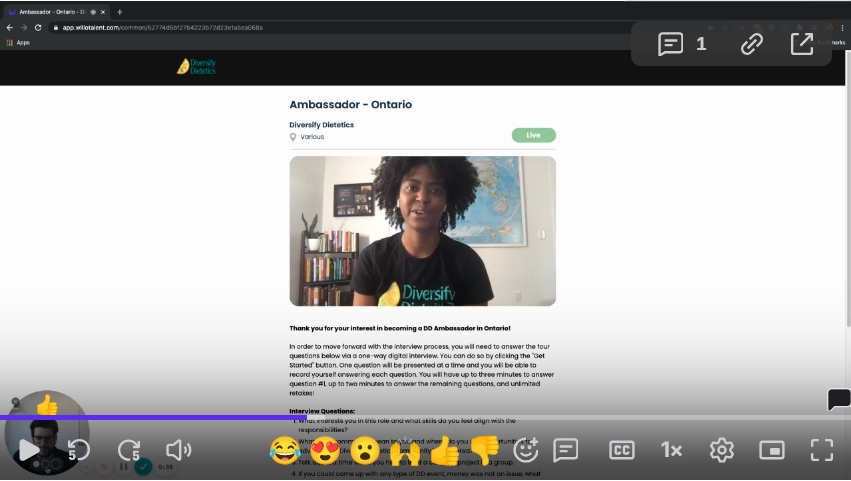 Preview of recruitment screening platform showing a recruiter's intro video message to candidates, featuring a diverse professional explaining the interview process and commitment to fair evaluation