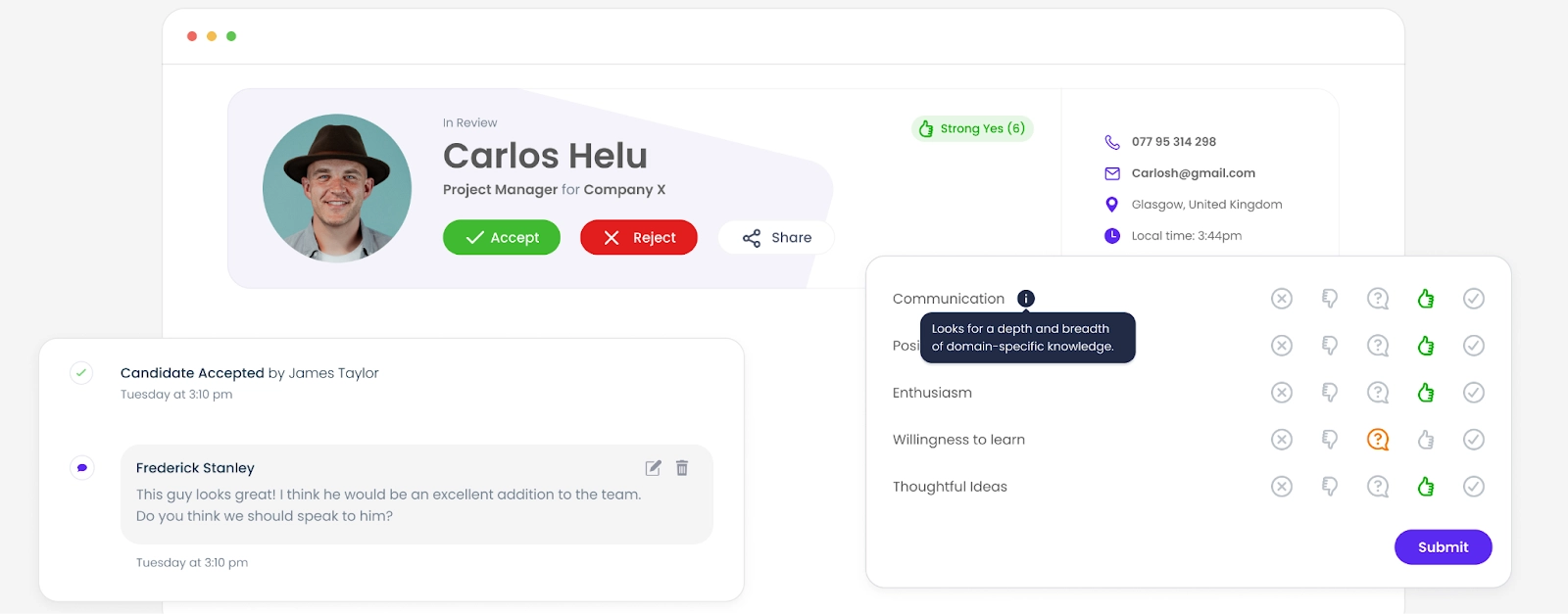 Image showing example of a well-designed interview scorecard structure with scoring rubric, a 5-point Likert rating scale, scoring matrix, comment boxes, candidate name, and interviewer feedback in one place.