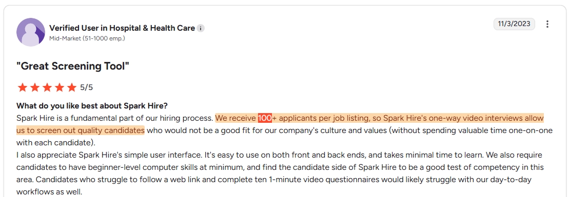 Spark Hire G2 review describing high-volume use cases