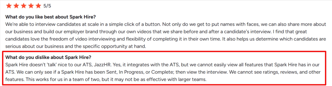  G2 Spark Hire reviews — integration feedback