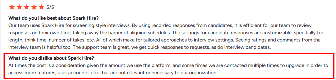 G2 review Spark Hire's on employee-count pricing