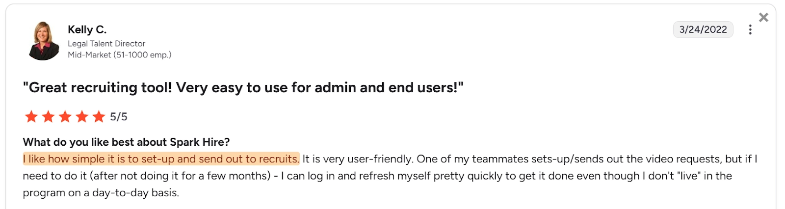 Spark Hire G2 review describing ease of use