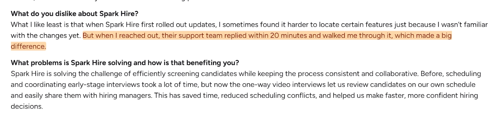 Spark Hire G2 review praising customer support