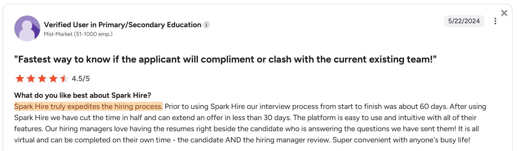 Spark Hire G2 review describing time to hire