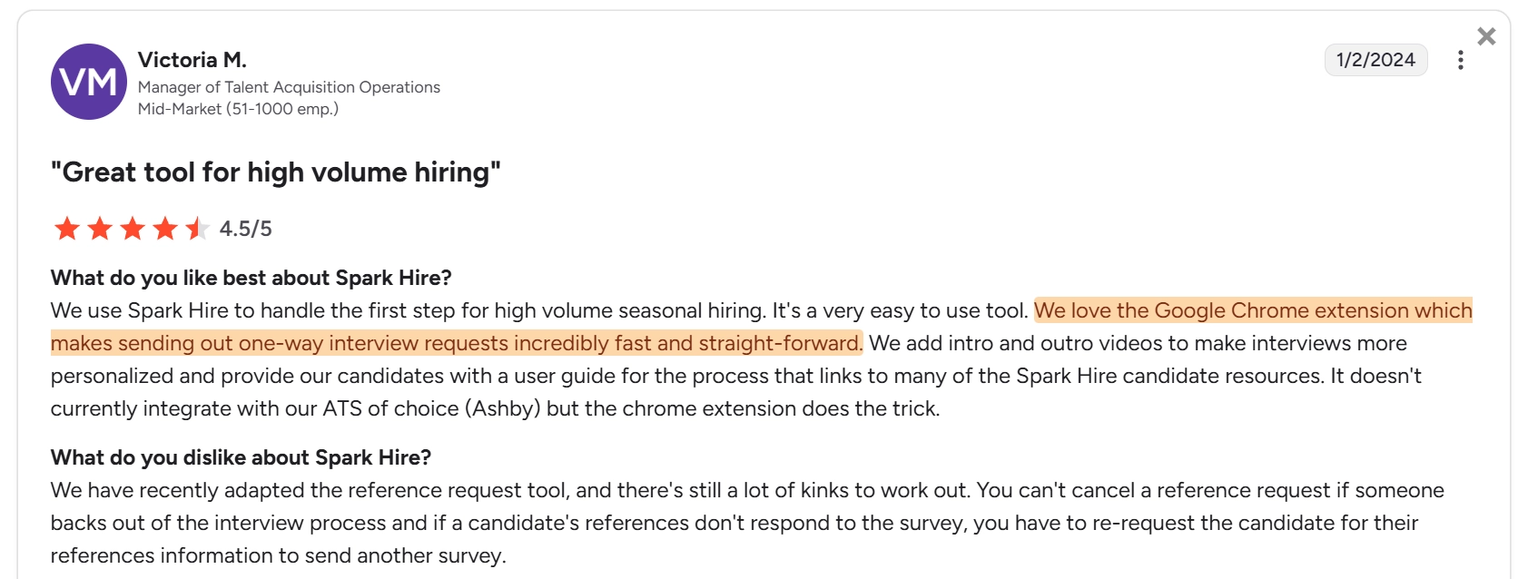 Spark Hire G2 review describing Chrome extension