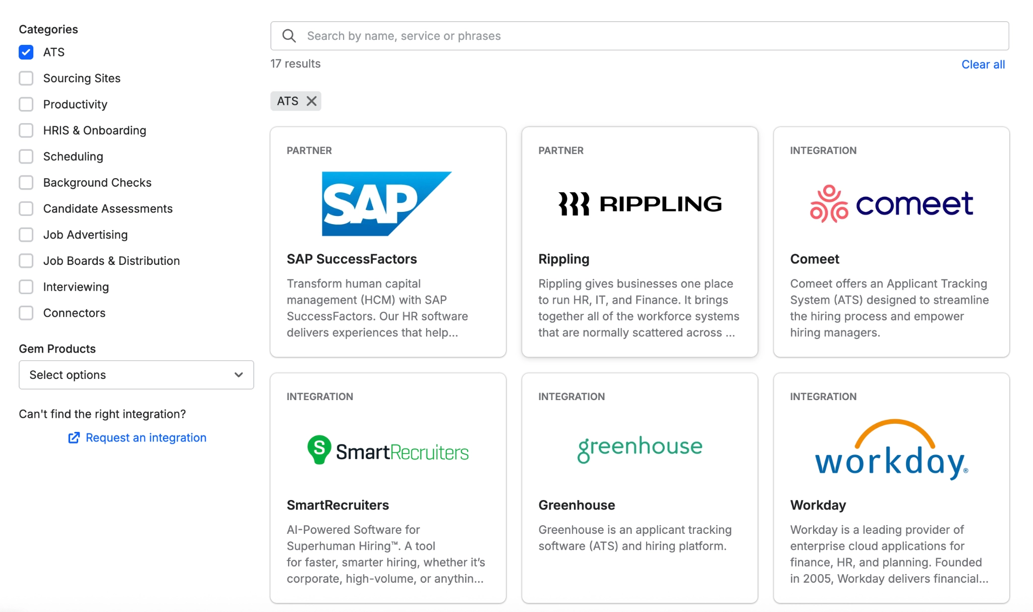 Key integrations, including ATS systems, available on Gem