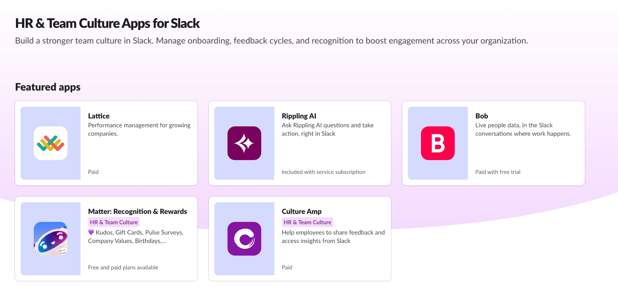 Featured HR and team culture apps Slack syncs with