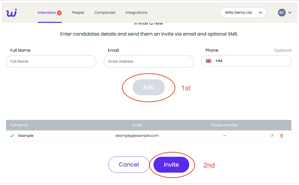 Inviting candidates to complete interviews on Willo via email or SMS