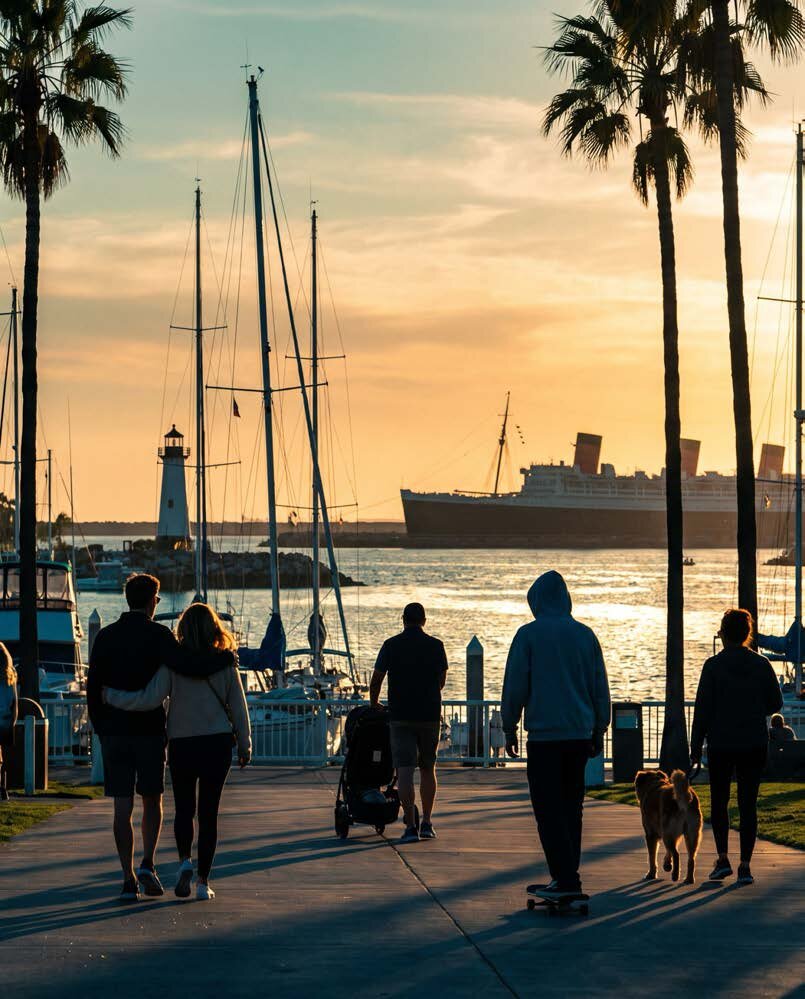 People walking along the Long Beach waterfront at sunset with the lighthouse and Queen Mary in view