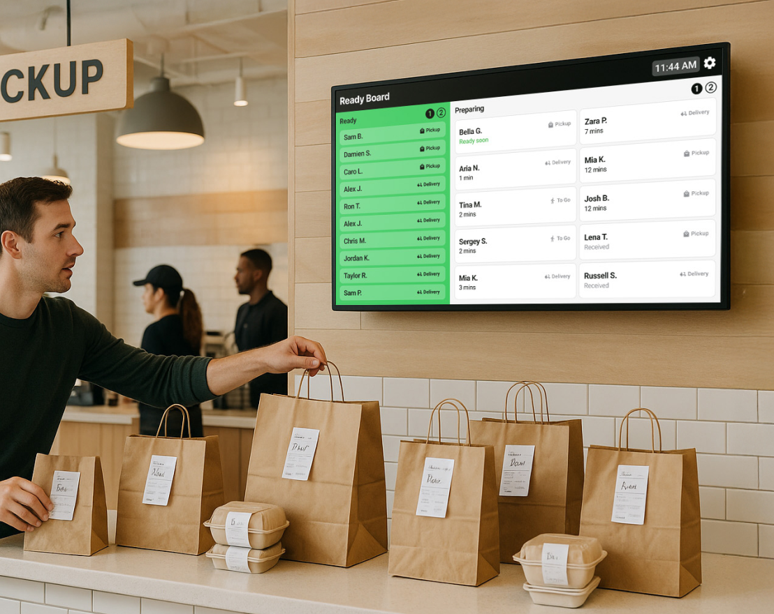 Mounted screen in restaurant lobby displaying real-time order status for customers.