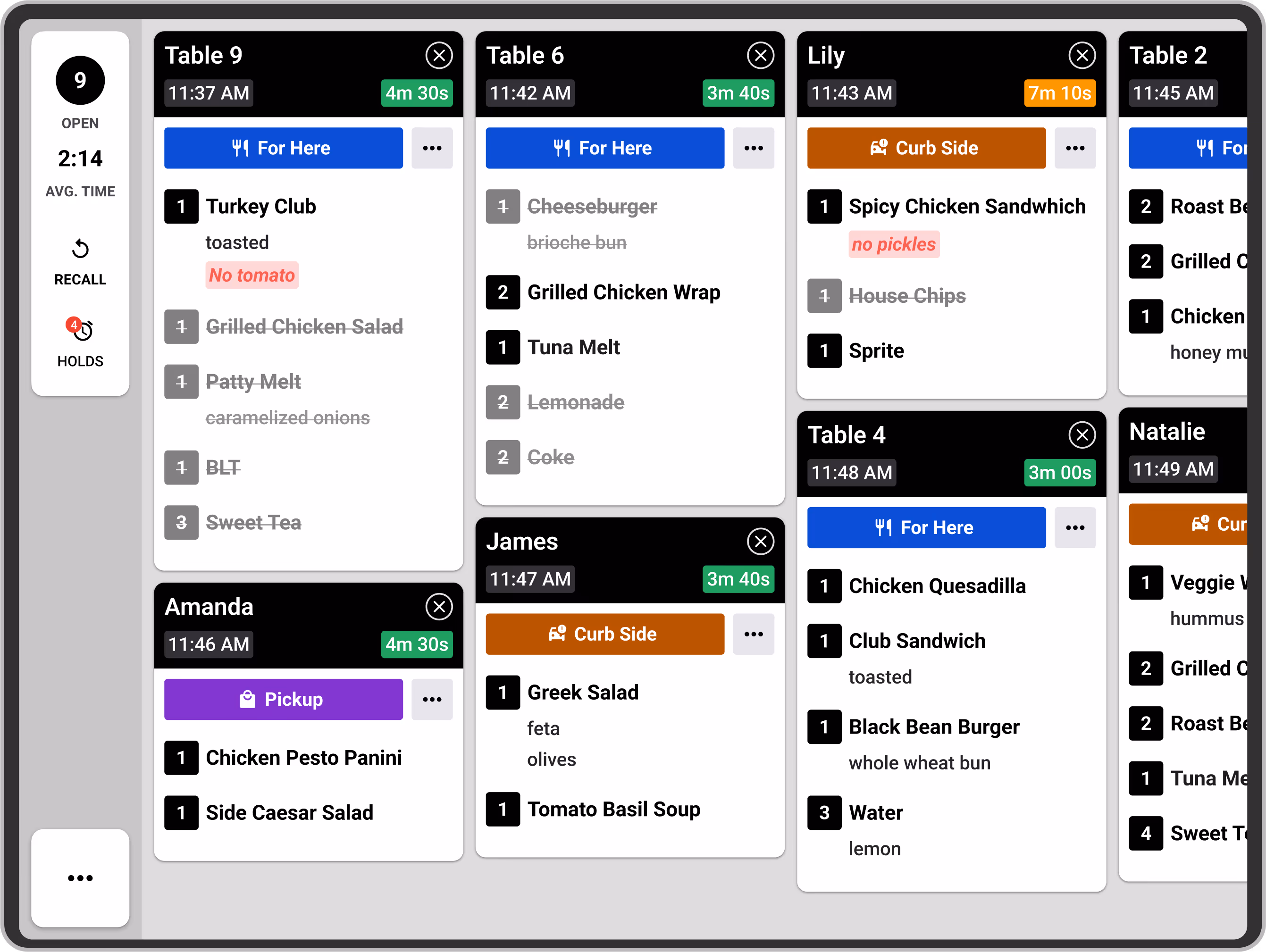 Kitchen display screen with open orders for Table 9, Table 6, and Lily, showing order details and timers.