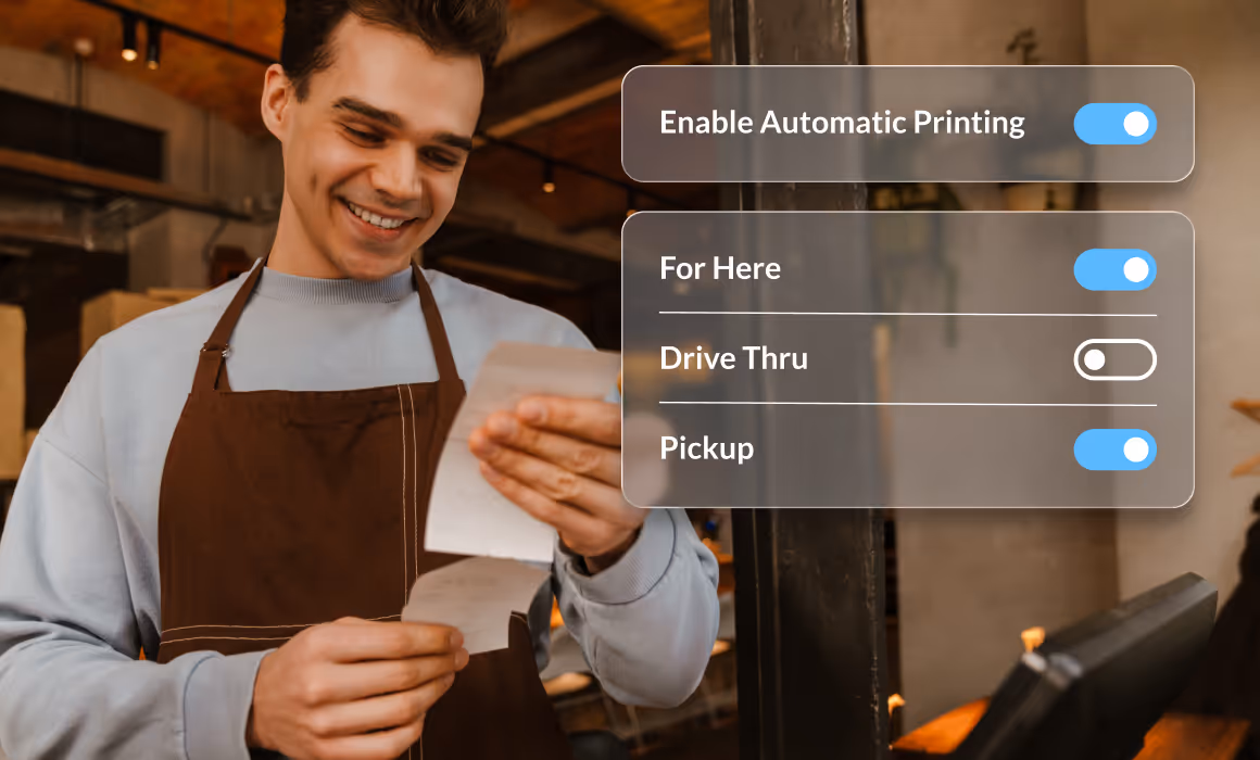 Smiling restaurant worker holding printed ticket with Fresh KDS printing options for For Here, Drive Thru, and Pickup.