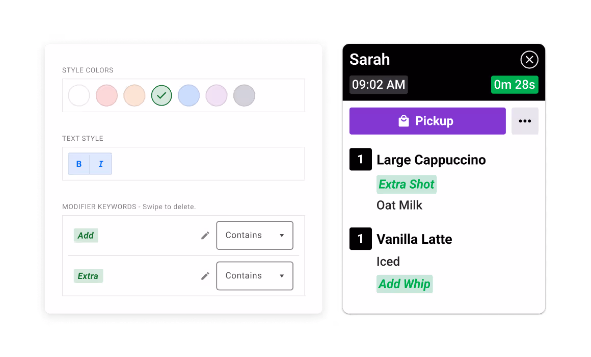 Kitchen display ticket highlighting modifiers like extra shot and add whip, with customization options for colors, text styles, and keywords.