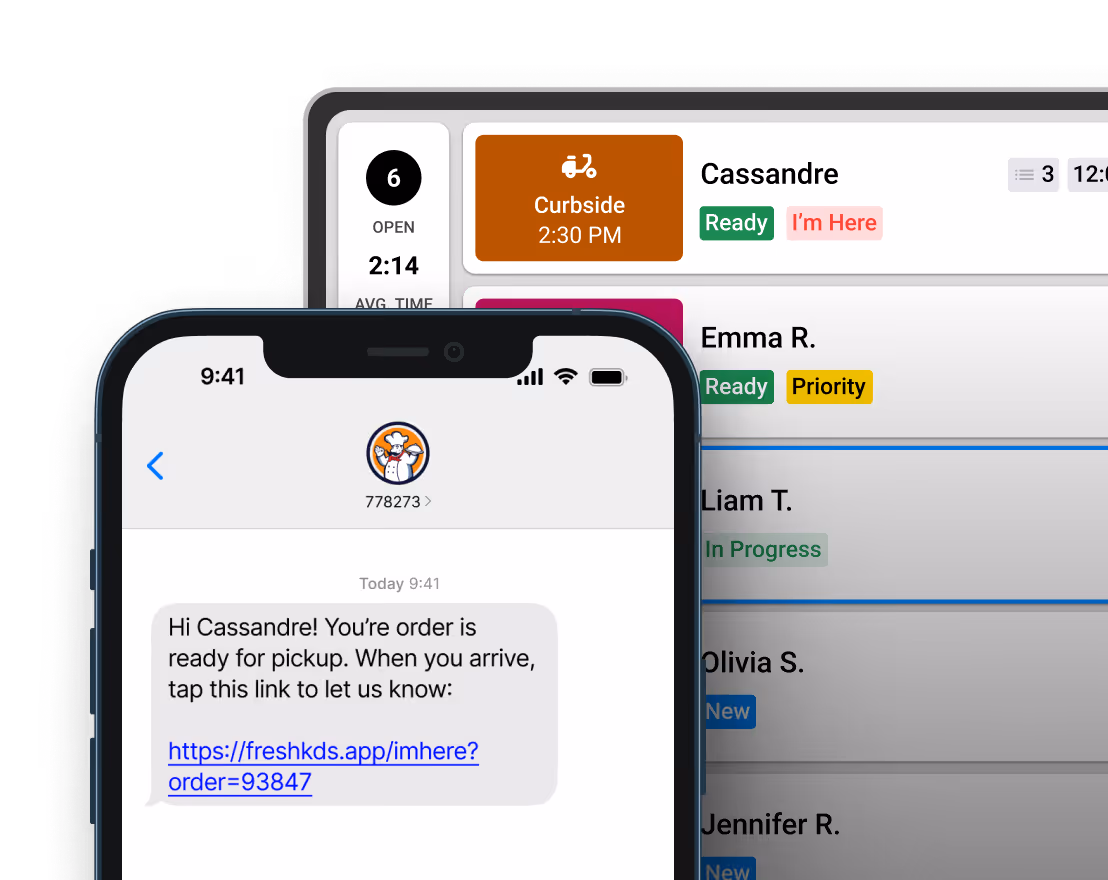 Phone showing text message with pickup details and 'I'm Here' link, alongside kitchen display with customer order list.