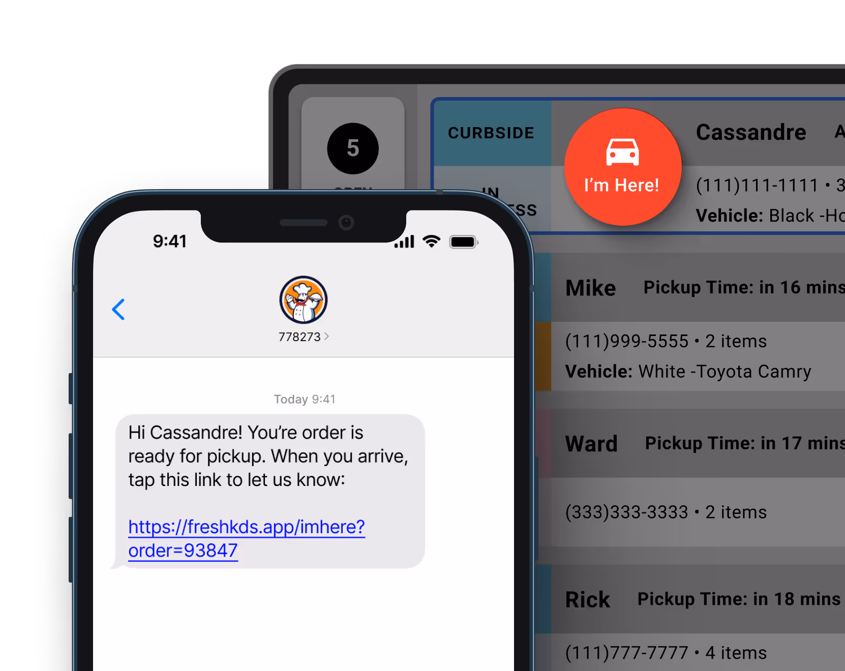 Phone showing text message with pickup details and 'I'm Here' link, alongside kitchen display with customer order list.