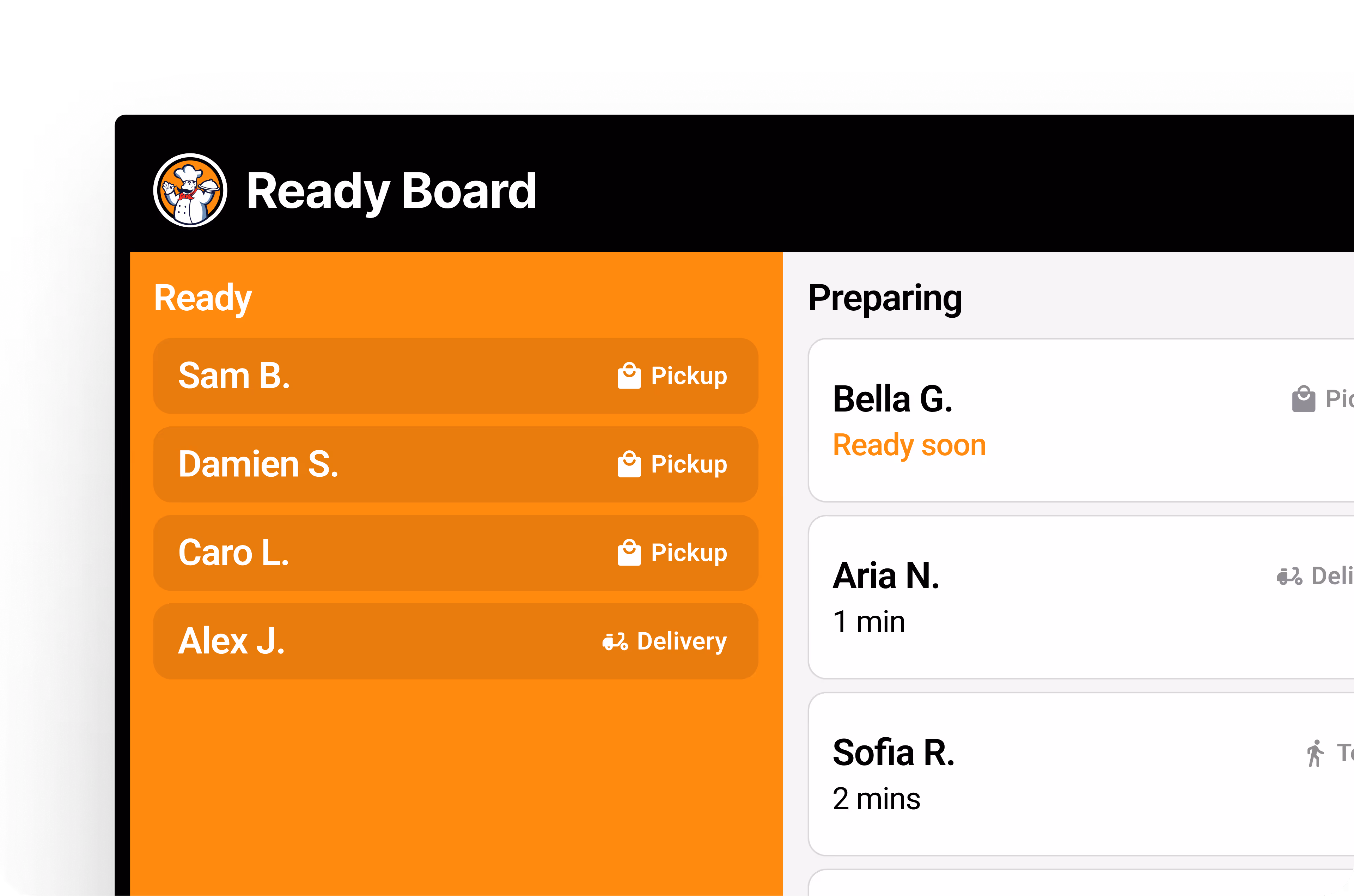 Fresh KDS Order Tracker customized with restaurant logo and colors showing branded ready board interface.