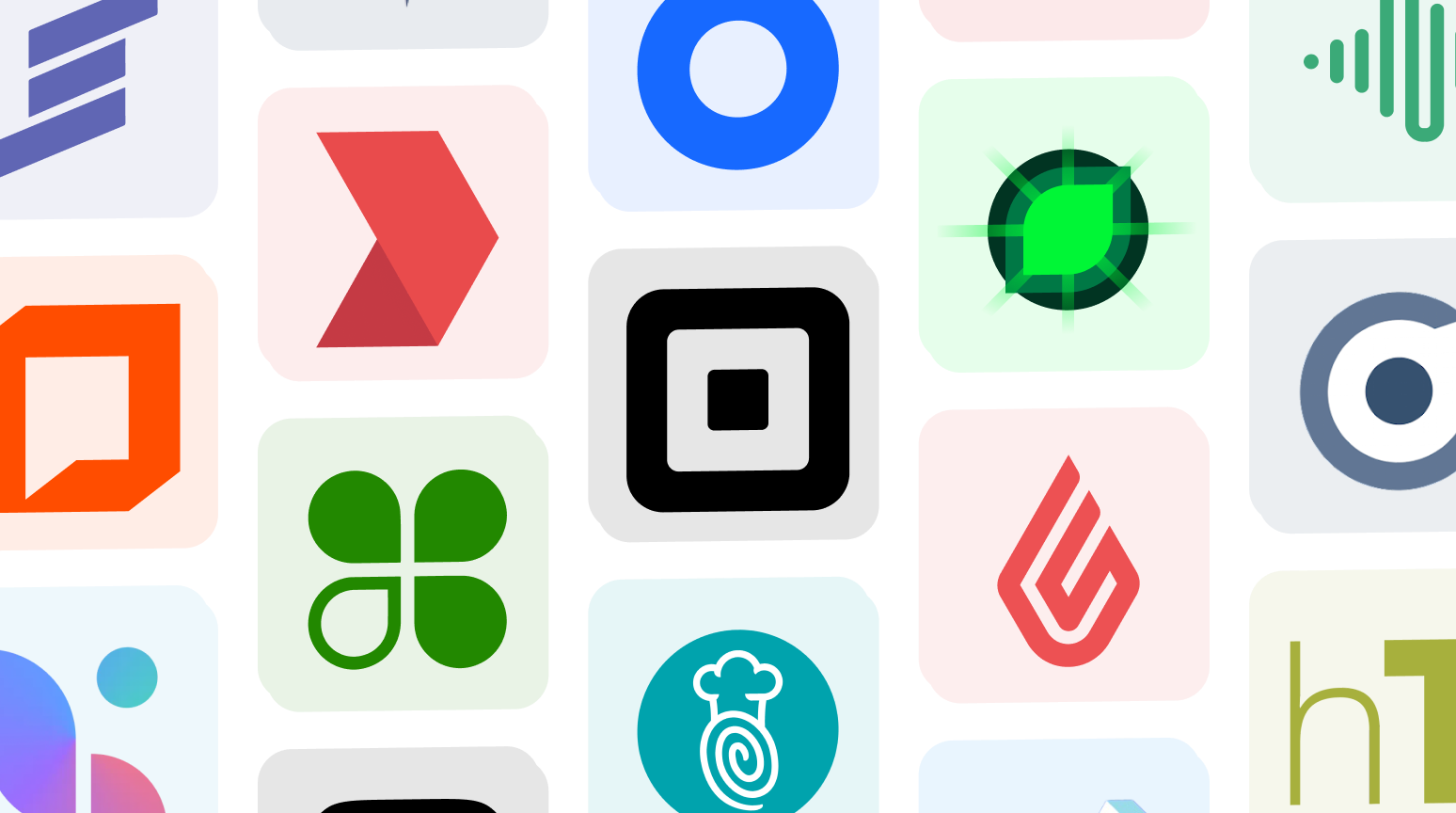 Grid of colorful app logos and icons on a black background.