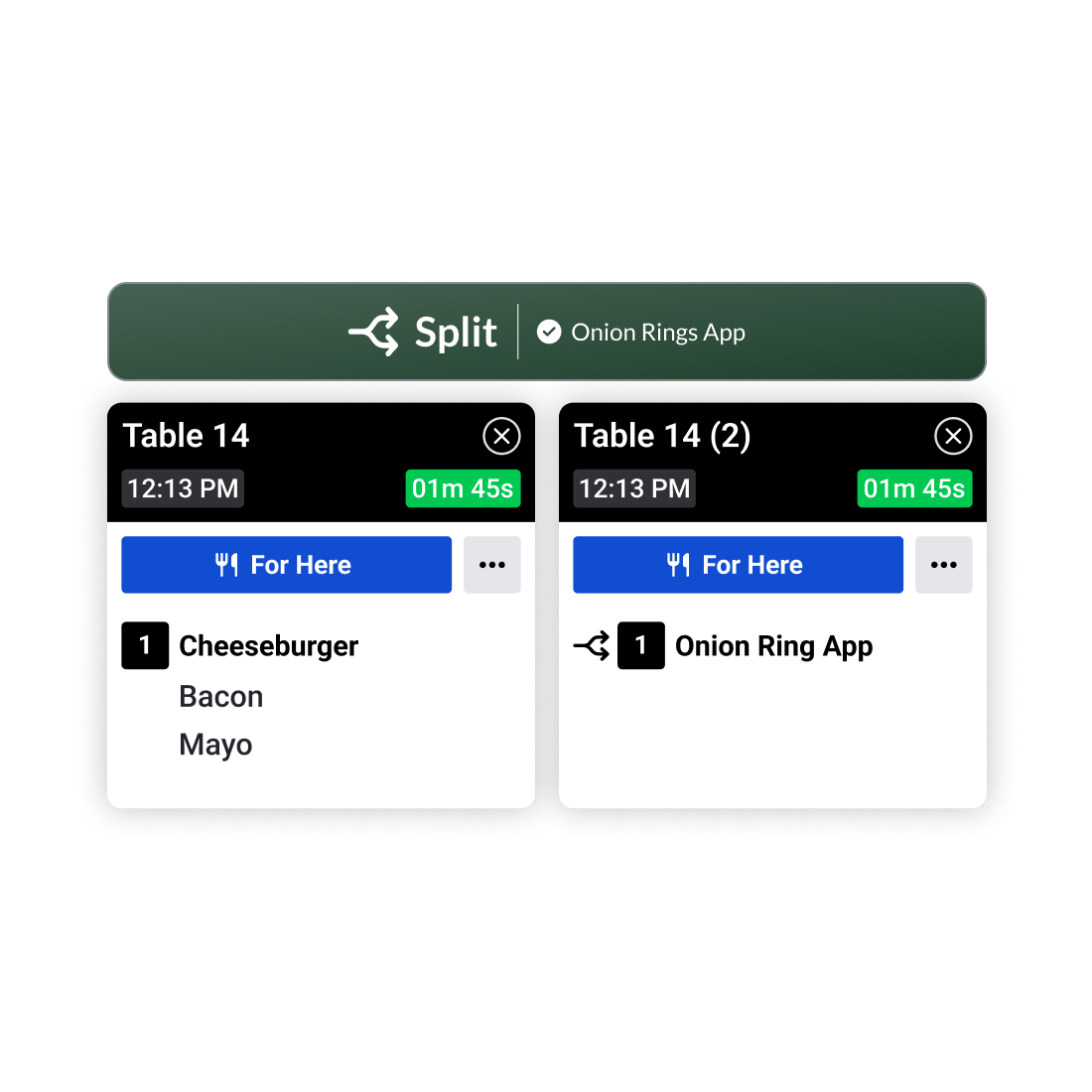 Interface showing a split order feature dividing Table 14's original cheeseburger with bacon and mayo into two orders, adding chicken fingers with fries and honey mustard to Table 14 (2), both timed at 1 minute 45 seconds.