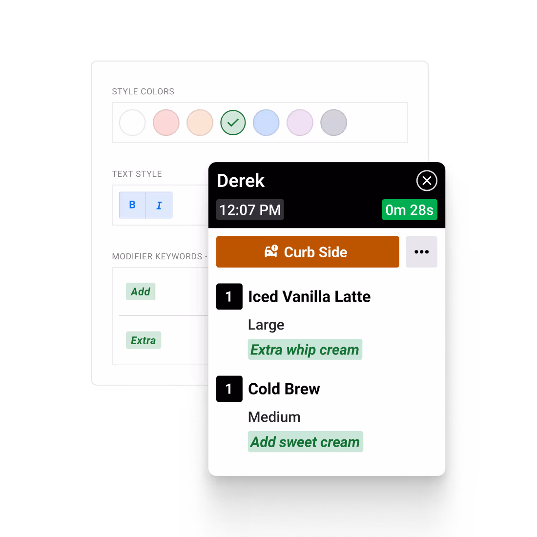 Order summary window showing Derek's to-go order at 12:07 PM with a 28-second timer, including one Smash Burger with extra onions and American cheese, and one Loaded Fries with beef and added jalapeños.