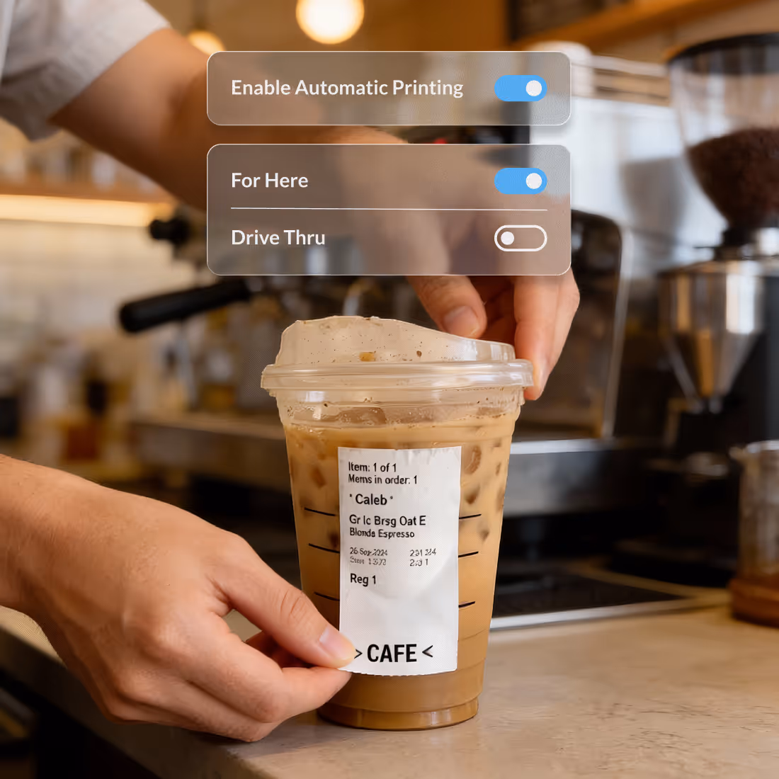 Smiling barista in an apron holding a receipt with on-screen toggles for enabling automatic printing and printing options for Here, Drive Thru, and Pickup.