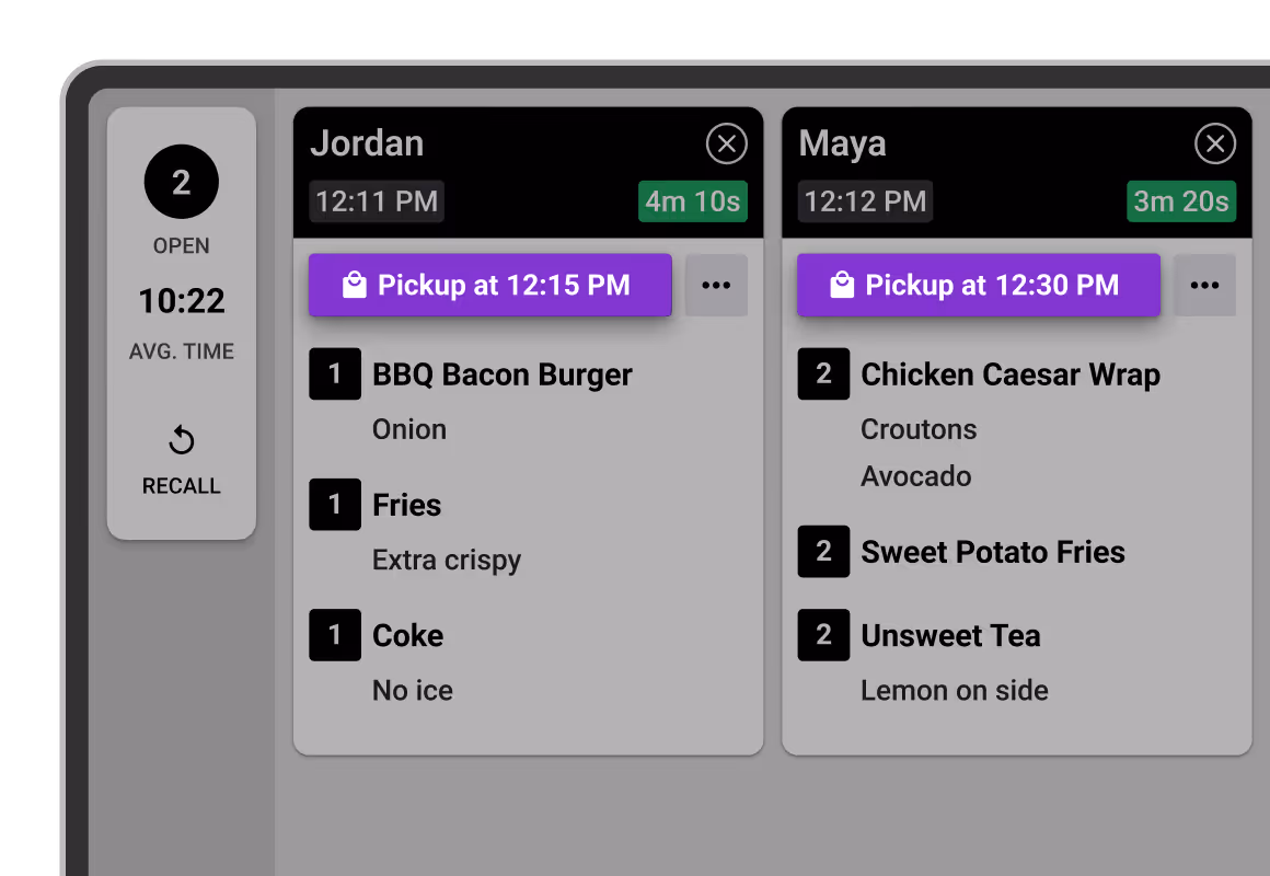 Restaurant order screen for Table 9 at 6:30 PM with 8 minutes 31 seconds remaining, showing Seat 1 ordered a medium-well bacon cheeseburger with mustard and Seat 3 ordered chicken Alfredo with grilled chicken and extra parmesan.