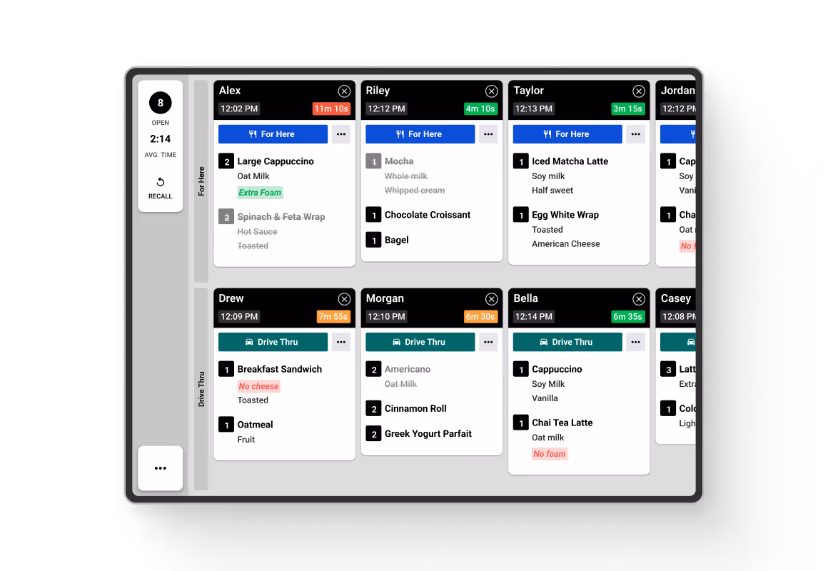 Restaurant order interface for Table 12 showing order time 12:13 PM and elapsed 6 minutes 35 seconds with courses: 2 crossed-out garlic breads, 1 lasagna, and 1 skillet cookie marked for here.