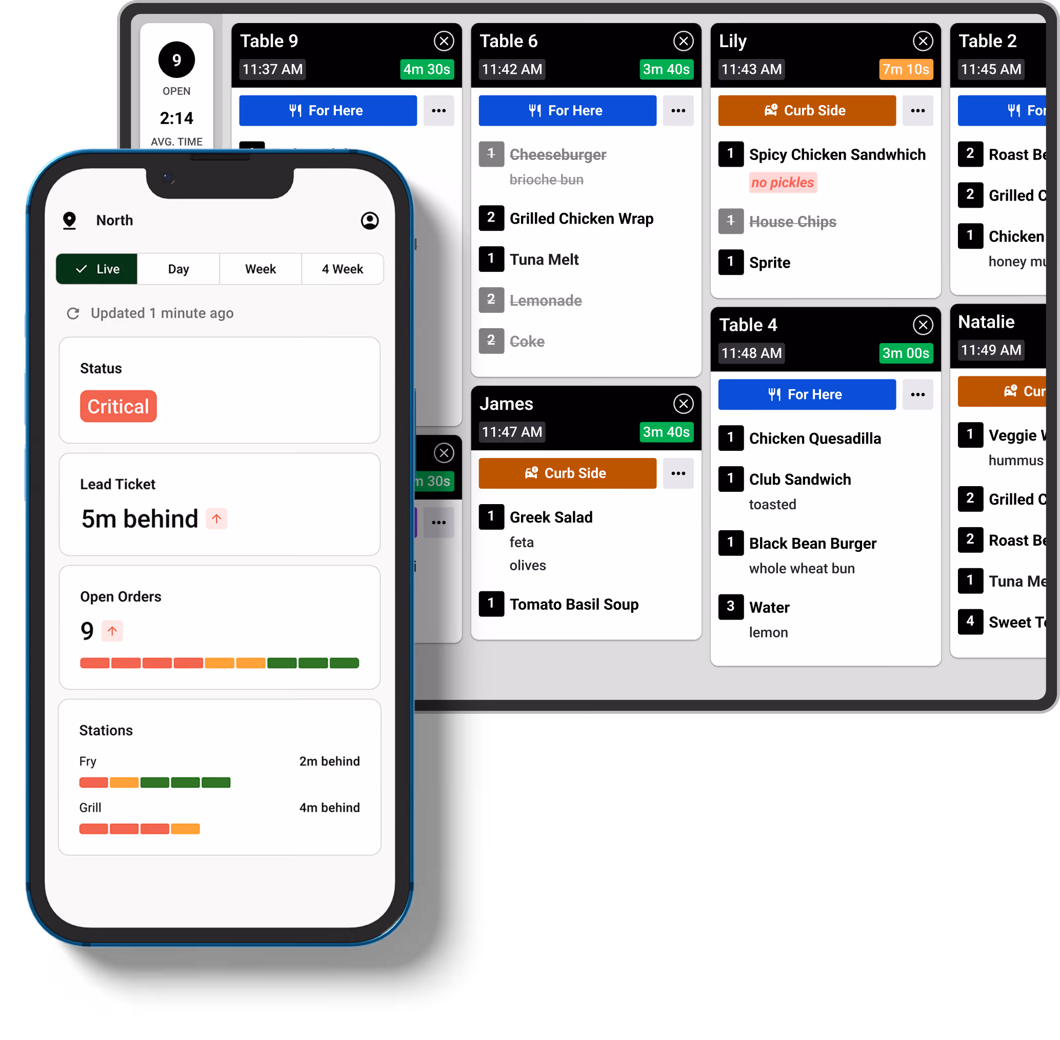 Écrans mobiles et de bureau affichant le suivi des commandes de restaurant avec le statut, les délais et les détails du menu.