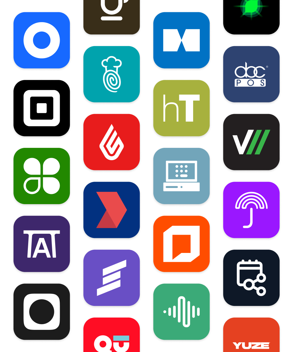 Grid of colorful square app icons representing various point-of-sale integration partners.