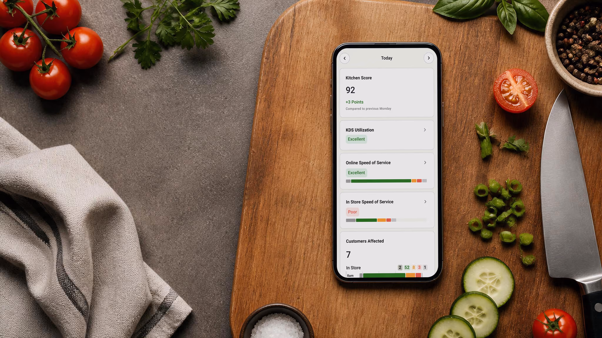 Smartphone displaying kitchen score and service speed in the On The Fly app, resting on a cutting board with tomatoes, cucumber, and a knife.