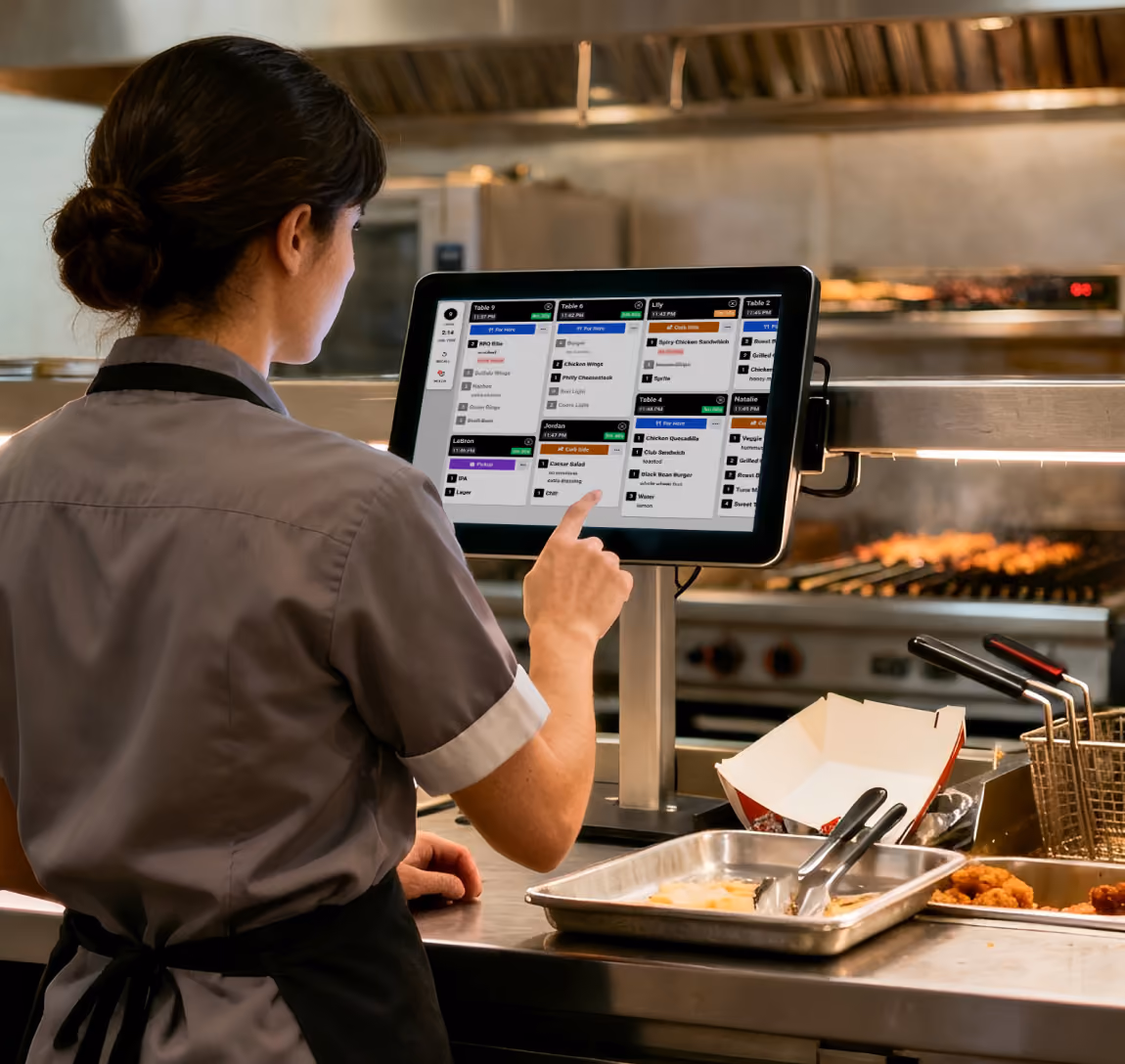 Restaurant worker using a Fresh KDS touchscreen order system in a kitchen with food trays and a fryer nearby.